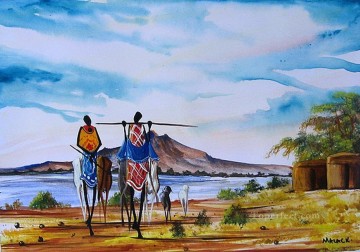 Manyatta près du lac de l’Afrique Peinture à l'huile